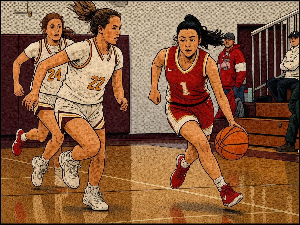 Basketball Red Guard Dribble: Comic-style illustration of a guard in a red uniform dribbling up the court past two defenders in white