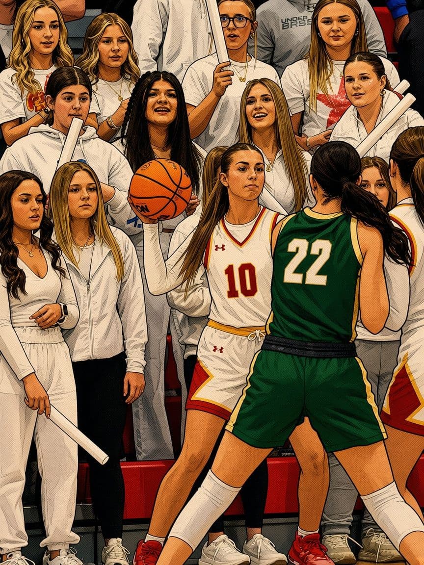 Basketball Inbounds: Comic-style illustration of a player inbounding the ball from the sideline in front of a cheering student section, guarded by a player in green