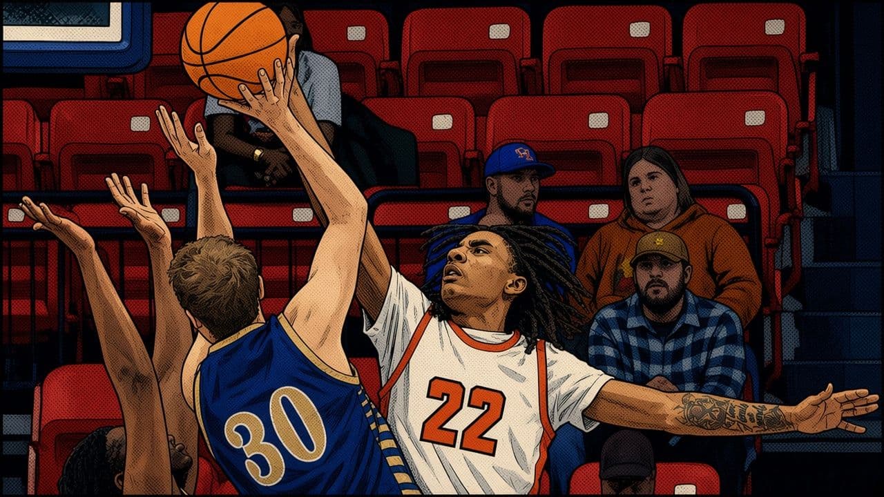 Basketball Contested shot: Comic-style illustration of a boys' basketball player rising for a shot in the lane as a defender in blue contests, with spectators in red arena seats behind