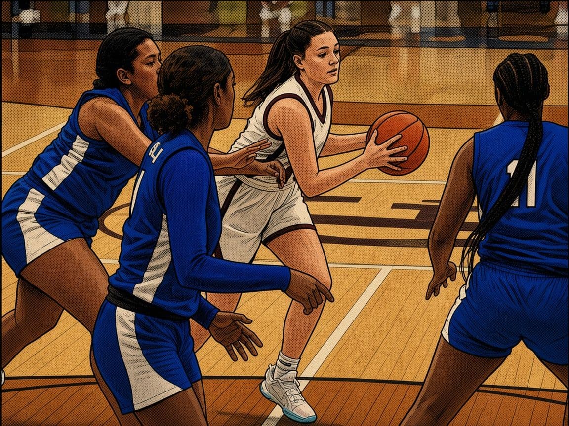 Basketball Maroon drive: Comic-style illustration of a player in a maroon and white uniform driving with the ball past defenders in blue on a hardwood court